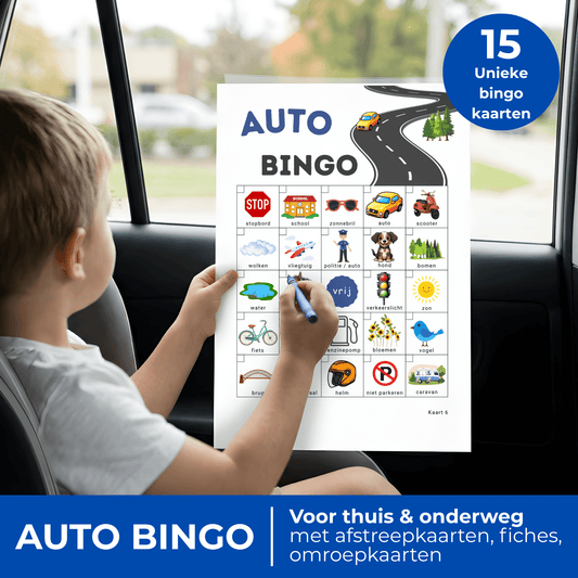 Autobingo spel met 15 unieke kaarten, te spelen in de auto onderweg en thuis