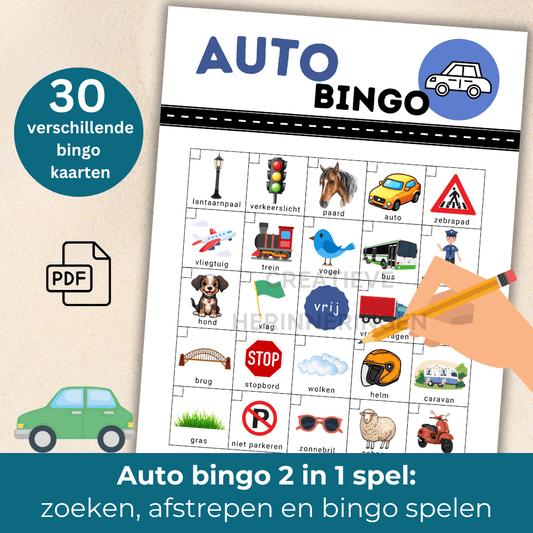 Auto bingo game met 30 kaarten voor onderweg of vakantie, geschikt voor kinderen en volwassenen