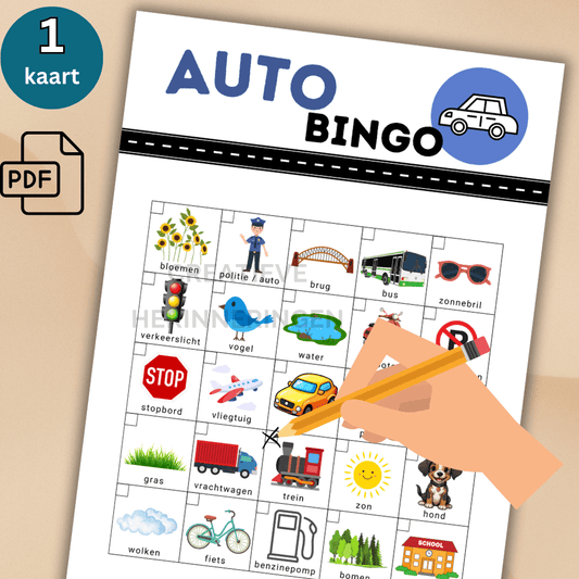 Eén auto bingo kaart met herkenbare afbeeldingen om te zoeken voor spelletjes in de auto