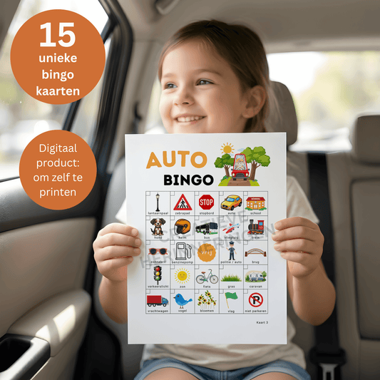 Auto bingo kinderen met 15 kaarten voor onderweg, om samen met het gezin te spelen tijdens lange ritten of op vakantie