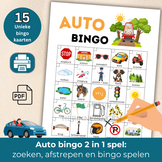 Auto bingo kinderen met 15 kaarten voor onderweg, om samen met het gezin te spelen tijdens lange ritten of op vakantie