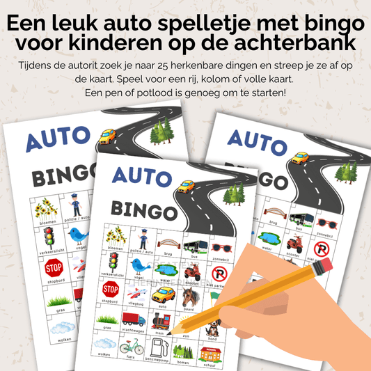 Eén uit te printen auto spelletje kaart voor kinderen om onderweg te zoeken, herkennen en afstrepen tijdens autoritten.