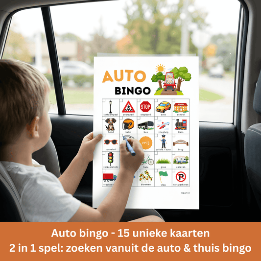 Leuk spel voor kinderen: auto bingo door te zoeken vanaf de achterbank, en thuis te spelen als bingo