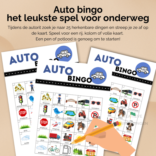 Auto bingo met kleurrijke plaatjes die kinderen onderweg kunnen herkennen en afstrepen