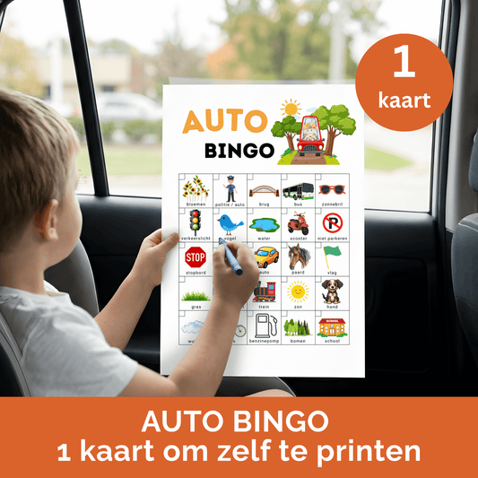 Auto spel op A4 formaat waarbij kinderen onderweg bingo spelen en 25 herkenbare dingen afstrepen tijdens een rit of uitje