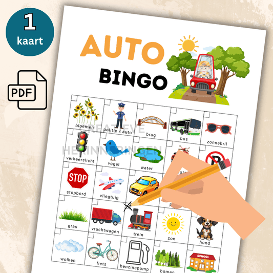 Auto spel op A4 formaat waarbij kinderen onderweg bingo spelen en 25 herkenbare dingen afstrepen tijdens een rit of uitje