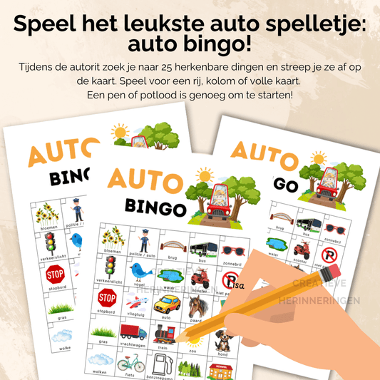 Uit te printen auto spel bingo kaart waarmee kinderen actief blijven tijdens ritten naar het strand, pretpark of andere uitjes