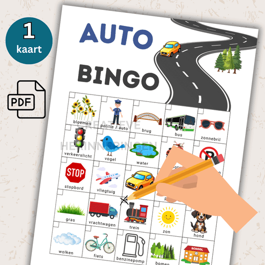 Auto spelletje op A4 met 25 vrolijke afbeeldingen waarmee kinderen onderweg kunnen speuren en bingo spelen zonder scherm.