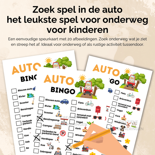 Spelletje onderweg waarbij kinderen actief speuren vanuit de auto en afstrepen wat ze zien, ideaal voor de achterbank