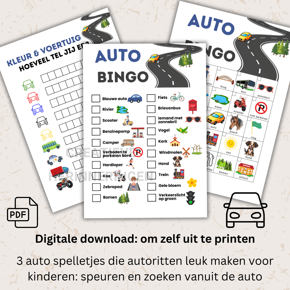 Auto spelletjes in één digitale bundel: auto bingo, voertuigenspel en speurkaart om te printen en mee te nemen