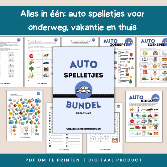 Activiteitenbundel met auto spelletjes voor plezier onderweg met het hele gezin (25 pagina’s)