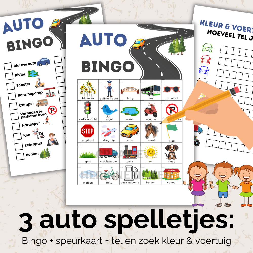 Auto spelletjes bundel met bingo, voertuigenspel en speurkaart voor kinderen tijdens lange autoritten of vakanties