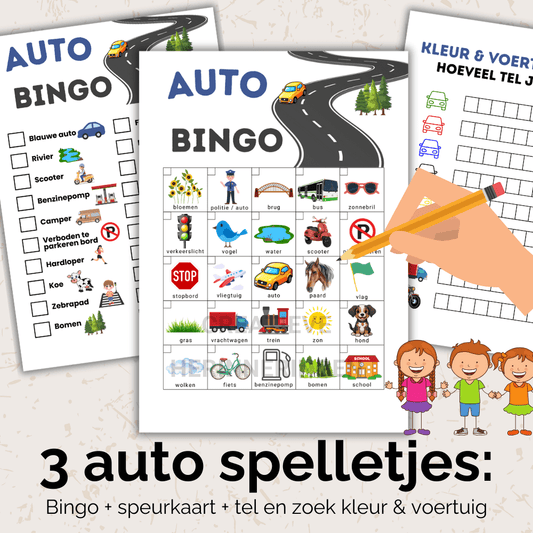 Auto spelletjes bundel met bingo, voertuigenspel en speurkaart voor kinderen tijdens lange autoritten of vakanties