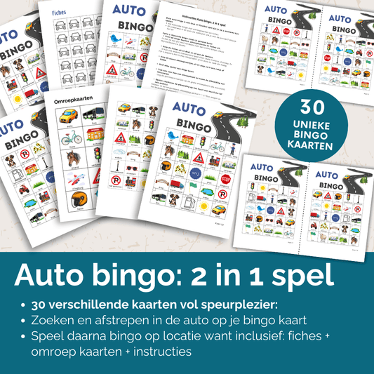 Zoekspel in de auto waarbij kinderen plaatjes afstrepen tijdens een rit en bingo spelen op locatie met 30 unieke kaarten