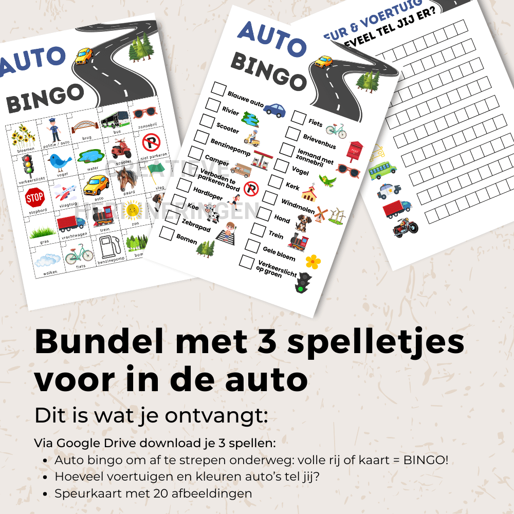 Uit te printen auto spelletjes voor kinderen met afvinkbingo, voertuigen tellen en speurkaart in één handige bundel