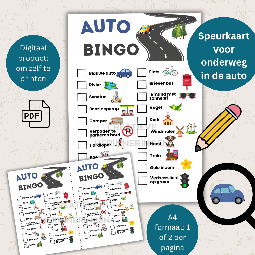 Eén pagina auto spel om af te vinken wat je onderweg ziet, perfect voor op de achterbank