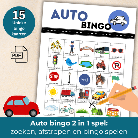 Autobingo met 15 unieke kaarten voor kinderen om onderweg te zoeken en af te strepen