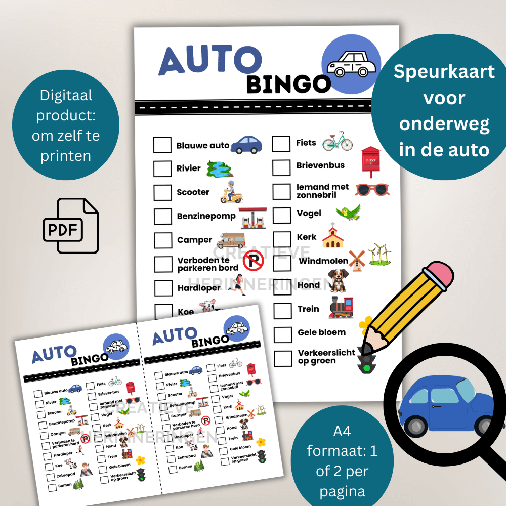 Speurkaart auto waarmee kinderen tijdens autoritten actief op zoek gaan naar herkenbare plaatjes