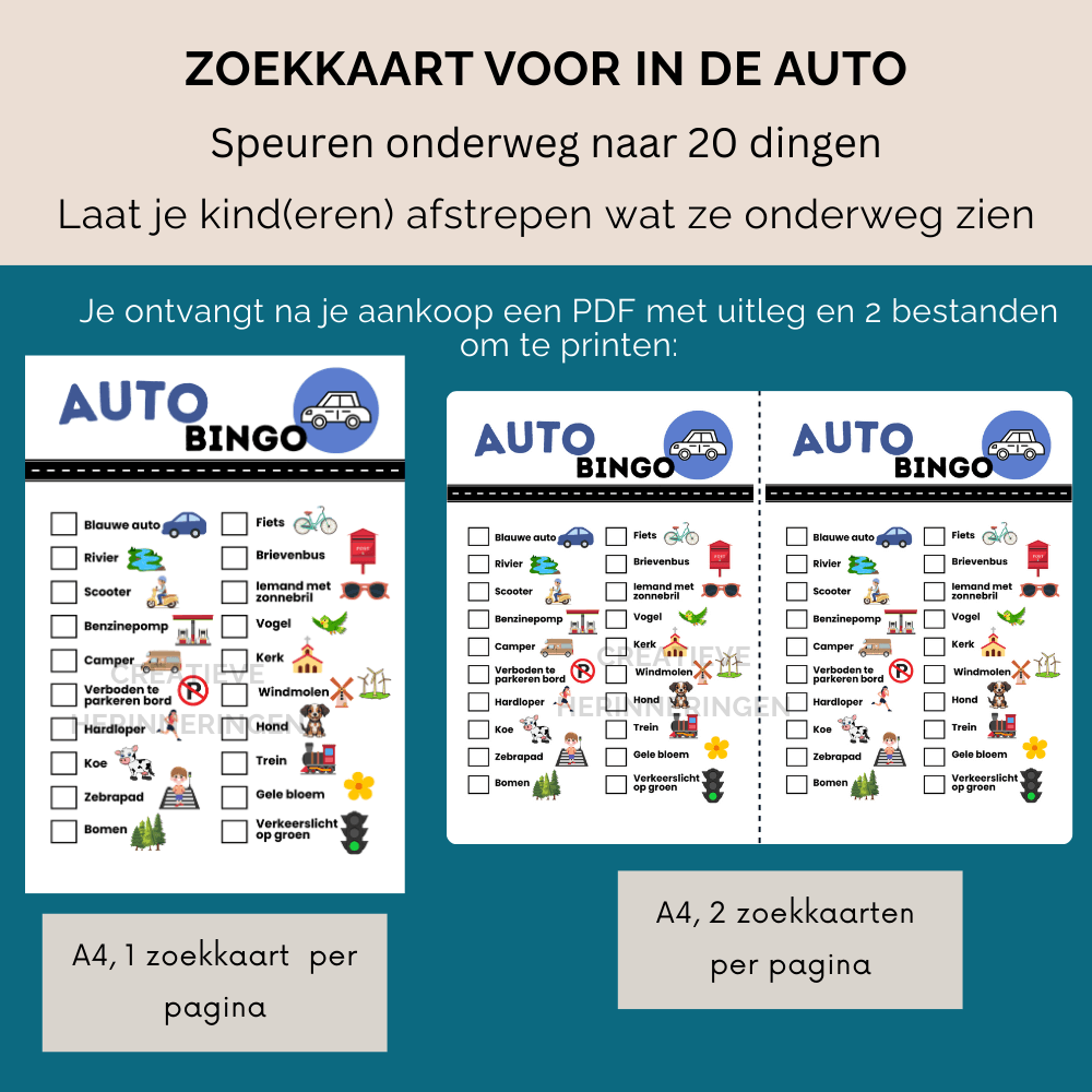 Interactief auto spelletje waarbij kinderen onderweg zoeken, herkennen en afstrepen