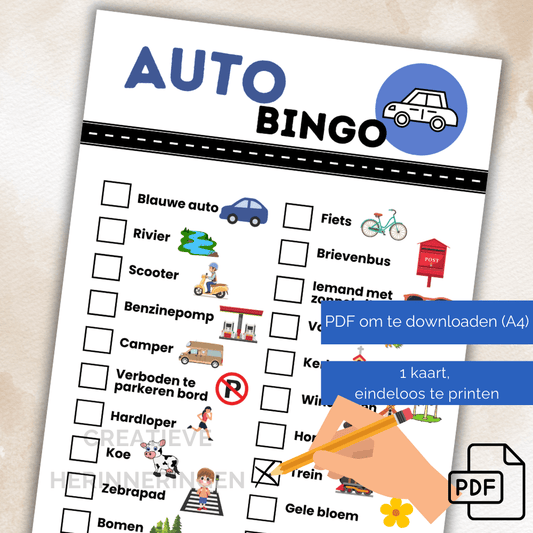 Autobingo kaart met 20 afbeeldingen om onderweg af te strepen tijdens autoritjes of vakanties met kinderen