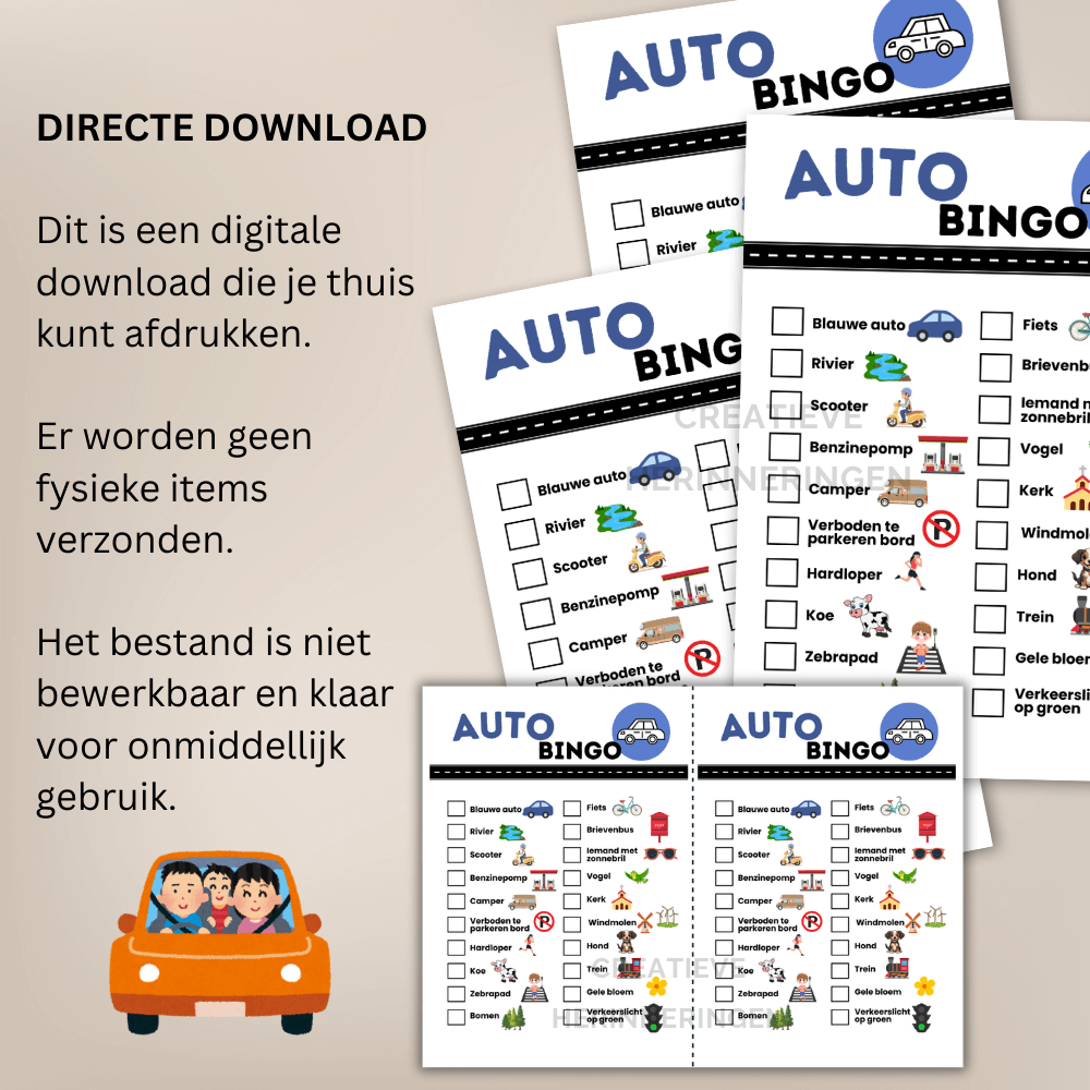 Autobingo kaart als actief zoekspel waarbij kinderen onderweg speuren en samen spelen in de auto