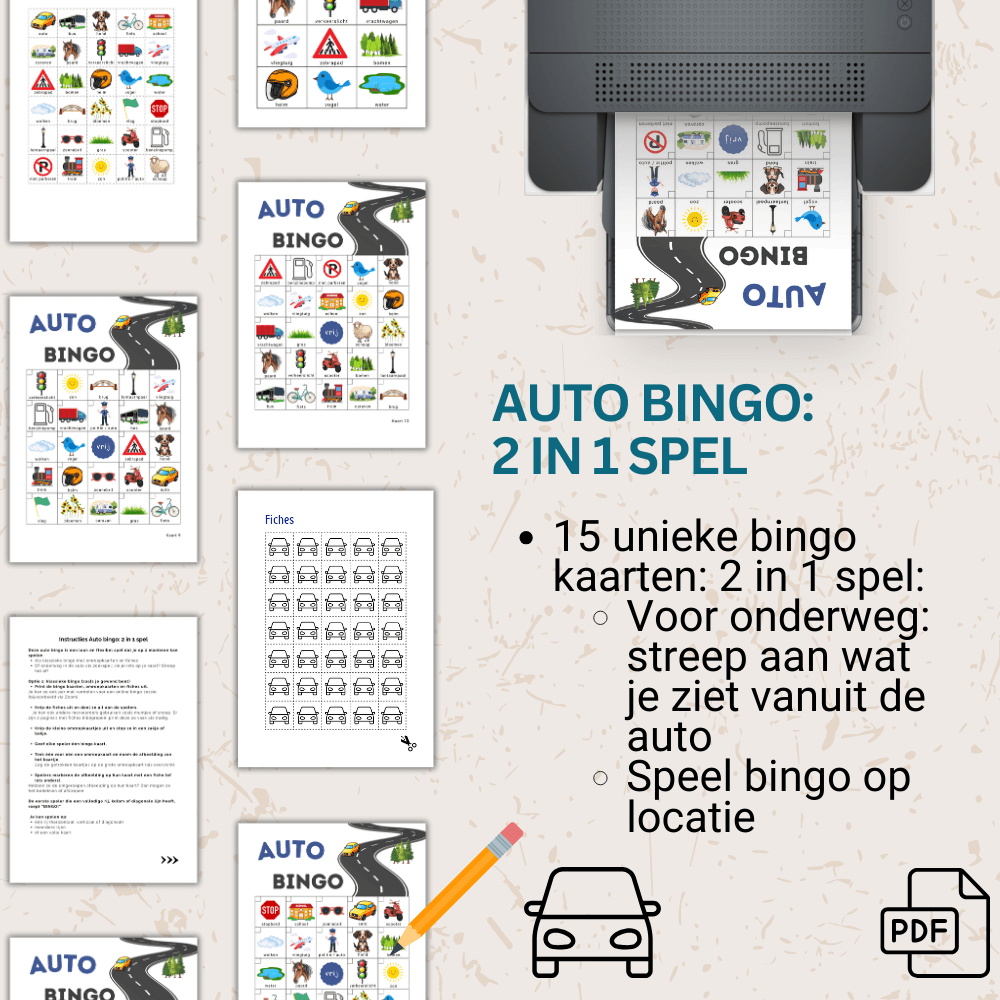 Autospelletjes voor onderweg en vakantie met afstreepbingo kaarten voor actief kijk- en speelplezier in de auto en op locatie (15 kaarten)
