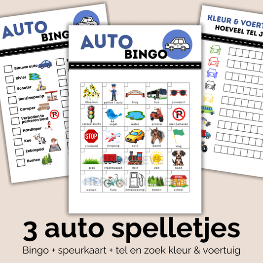 Spelletjes auto bundel met drie verschillende spellen voor kinderen: autobingo, zoeken onderweg en tellen in één pakket