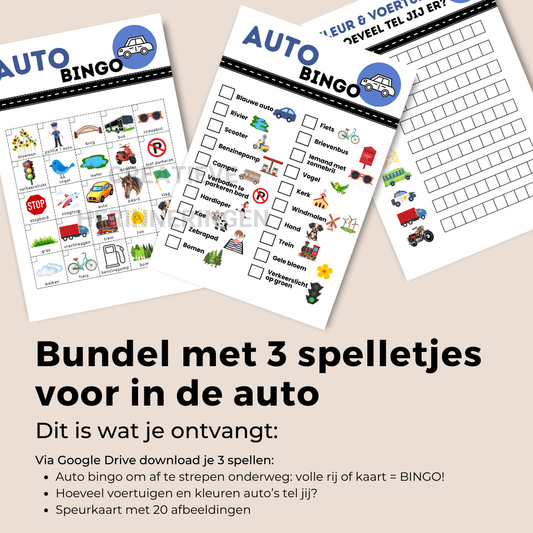 Autobingo kinderen combinatiepakket met afstreepbingo, zoekkaart en een tel spelletje voor in de auto of op vakantie