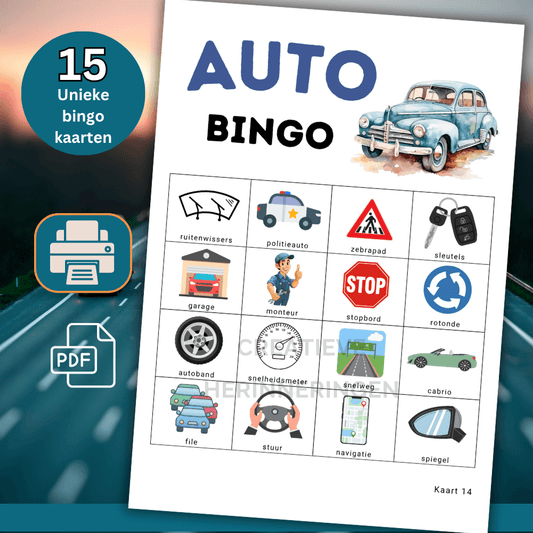 Autobingo voor thuis met 15unieke kaarten voor kinderen in een leuk auto thema