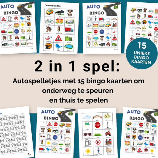 Interactief autospelletjes pakket met 15 kaarten, perfect voor onderweg of als klassiek bingo spel op locatie