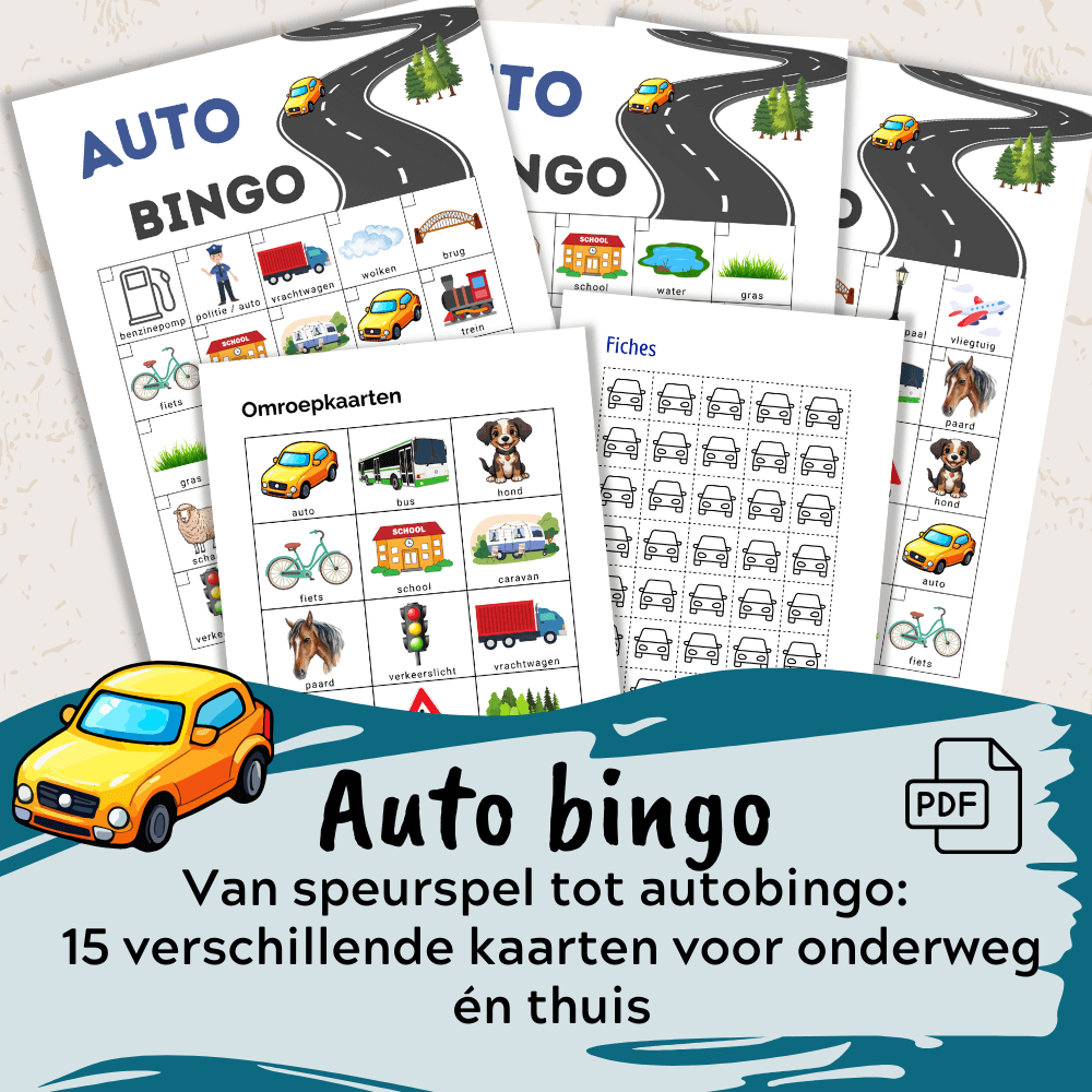 Afstreepkaarten als speurspel voor onderweg en bingo kaarten voor thuisgebruik in één spel (15 verschillende kaarten)