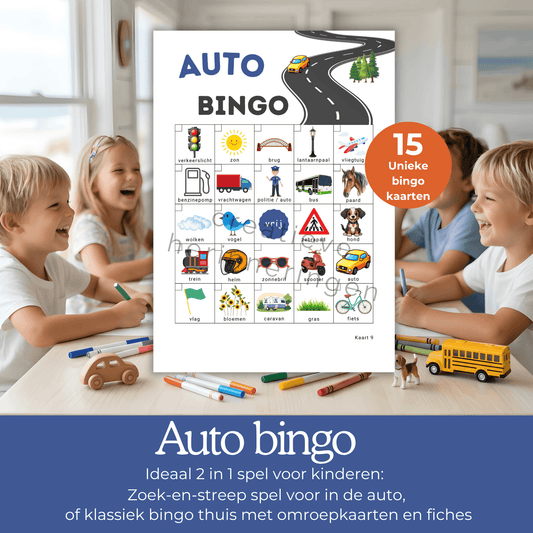 Autospelletjes met 15 bingo kaarten voor kinderen om onderweg te speuren en thuis bingo te spelen met het hele gezin