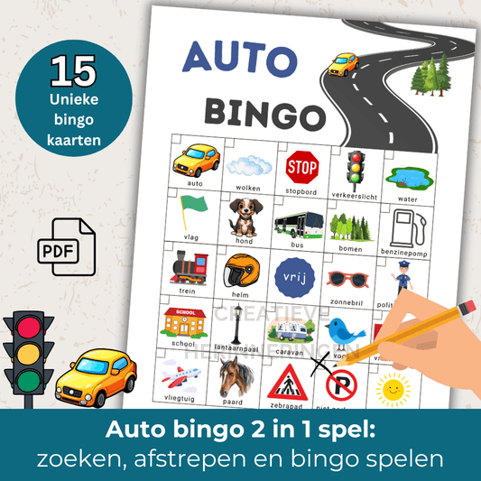 Autospelletjes met 15 bingo kaarten voor kinderen om onderweg te speuren en thuis bingo te spelen met het hele gezin