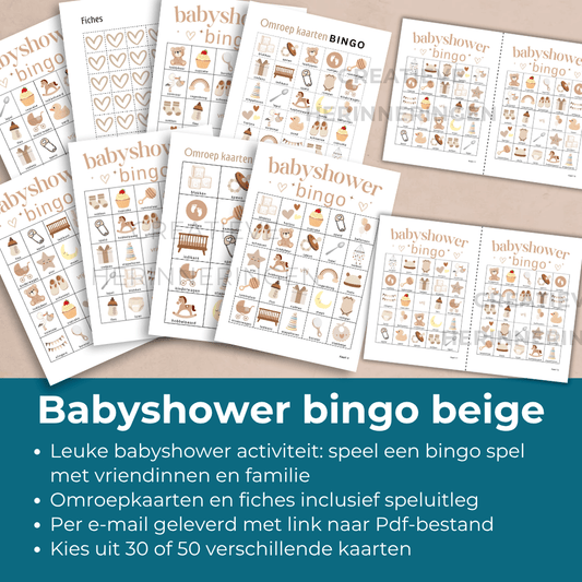 Babyshower bingo activiteit met 30 of 50 beige bingokaarten om zelf te printen