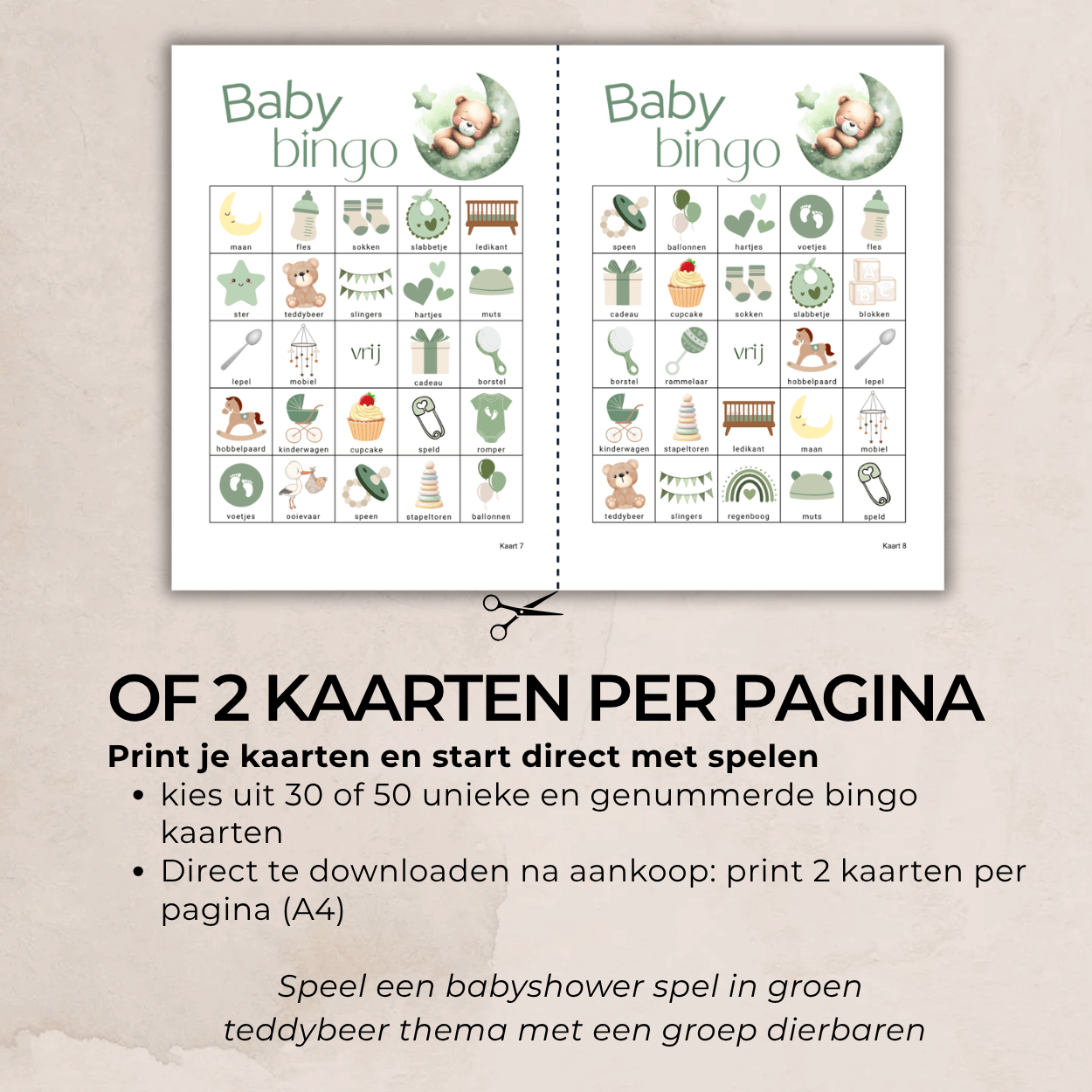 Praktische teddybeer babyshower bingo in groen thema, neutraal en stijlvol spel