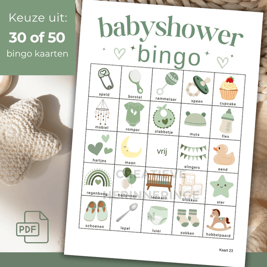Groene babyshower bingo spel met 30 unieke kaarten om zelf te printen