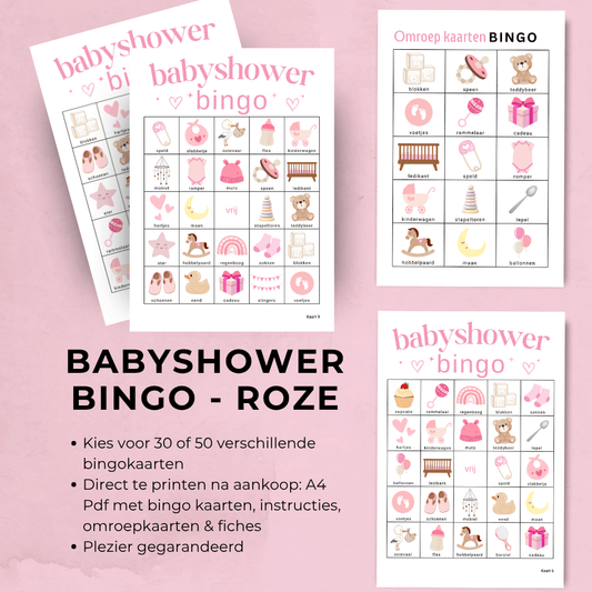 Babyshower Bingo kaarten in zacht roze voor een liefdevol spel op de babyshower van je zus of vriendin
