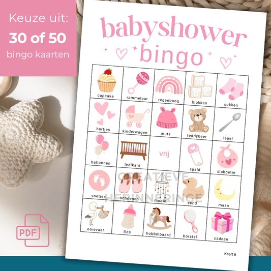 Babyshower bingo in roze thema, speciaal voor een meisje op komst