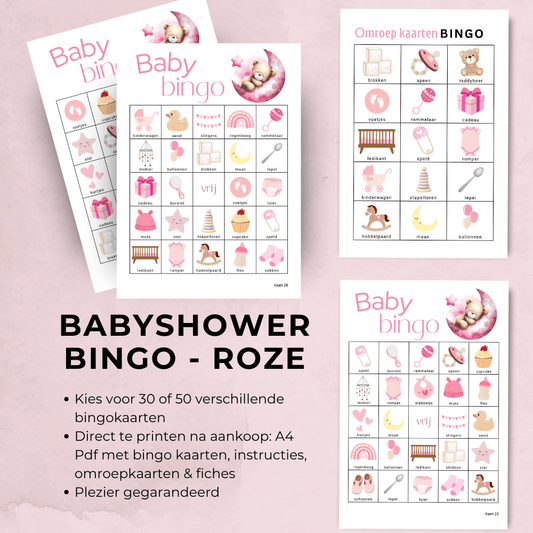 Babyshower spel bingo in roze teddybeer stijl met maan en ster, ideaal voor meisje op komst