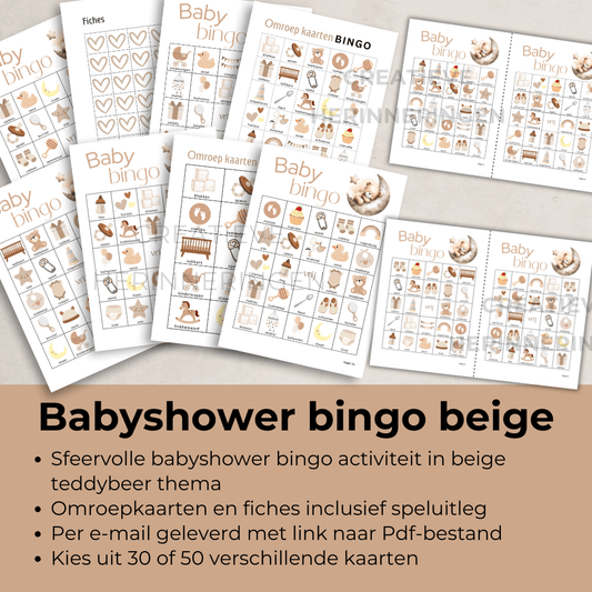 Babyshower spel in beige met teddybeer, maan en ster, bingo spel PDF om te printen