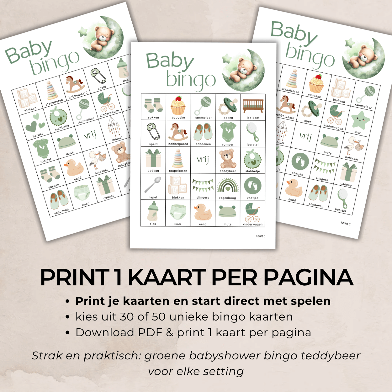 Groene babyshower bingo kaarten met teddybeer op maan, eenvoudig te printen