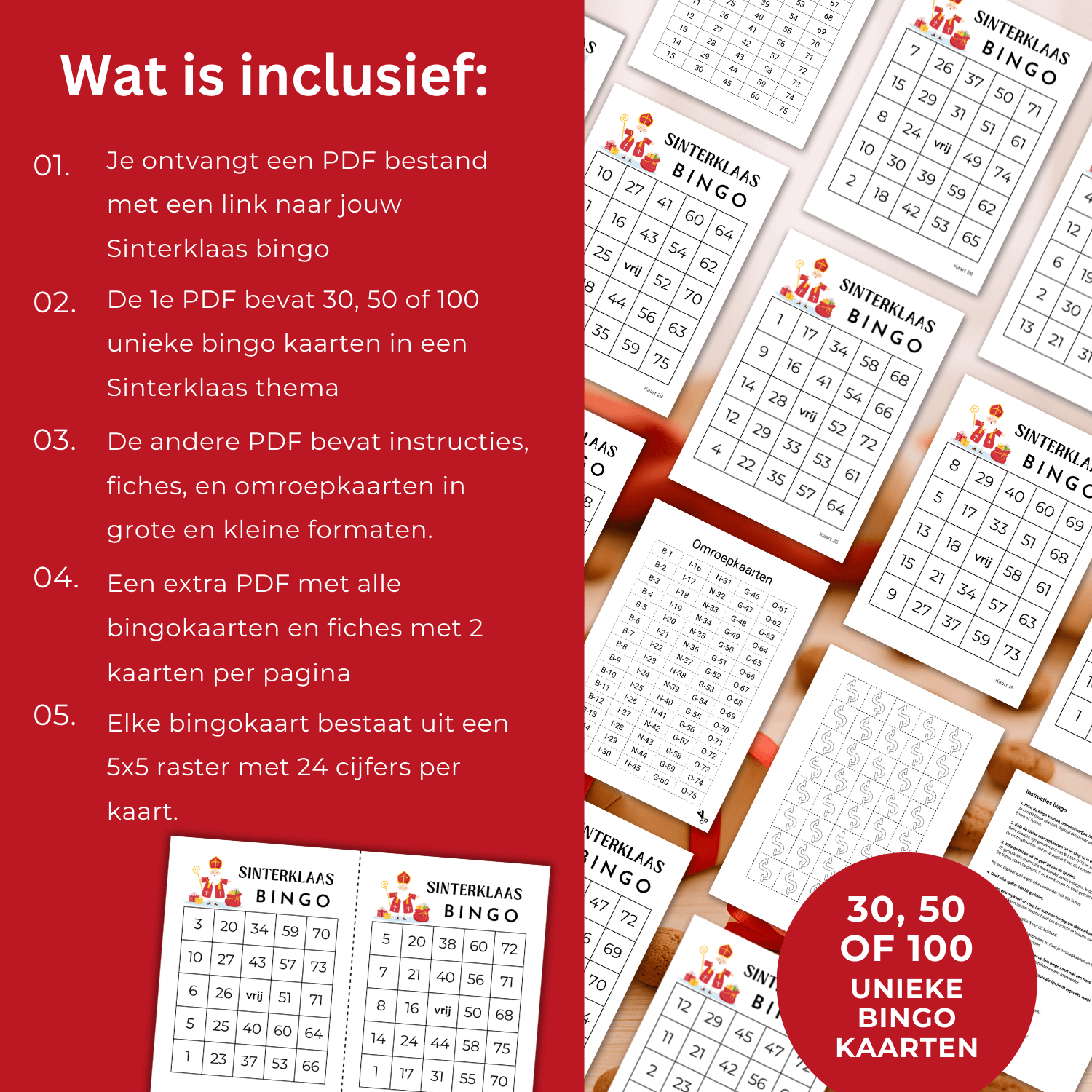 Download Sinterklaas bingo met cijfers, verkrijgbaar in 30, 50 of 100 unieke kaarten