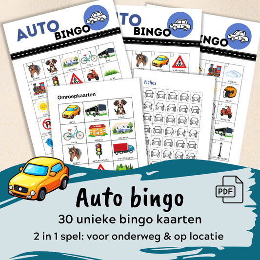 Auto spel met bingokaarten voor onderweg of als familieactiviteit op vakantie