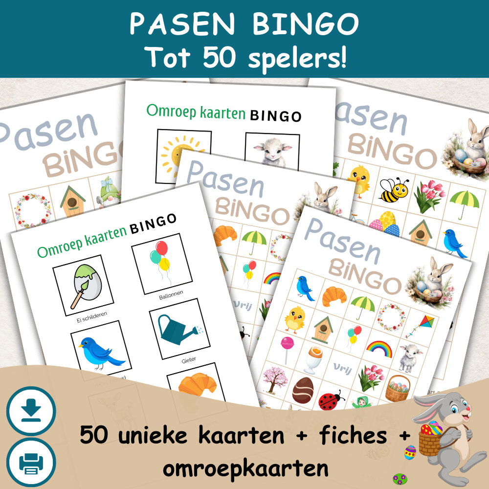 Paasfeest bingo PDF met 50 uit te printen bingo kaarten om direct te spelen.