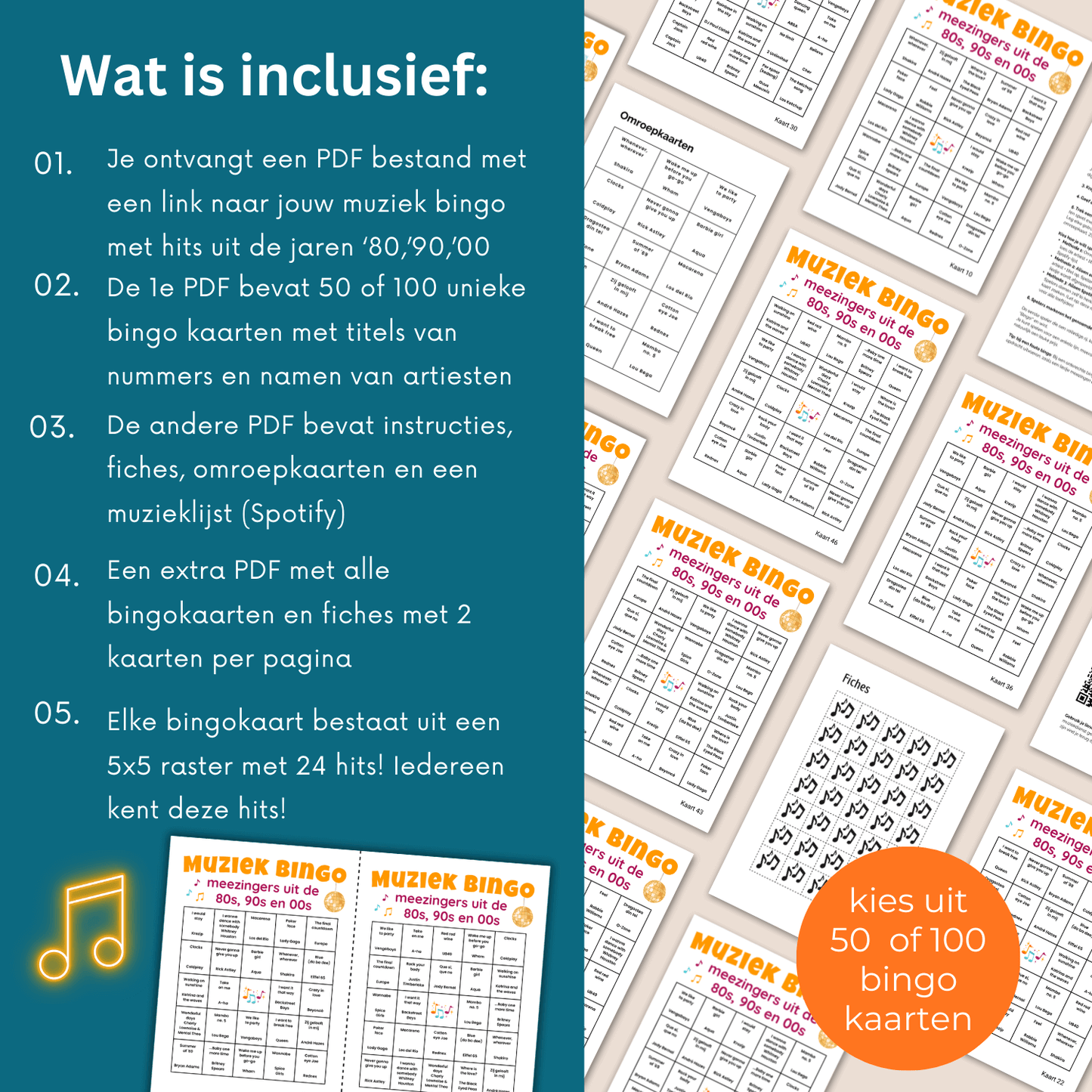 Muziekfeest bingo met feestmuziek (uit jaren 80,90,00) voor feestjes, evenementen of thuis met vrienden
