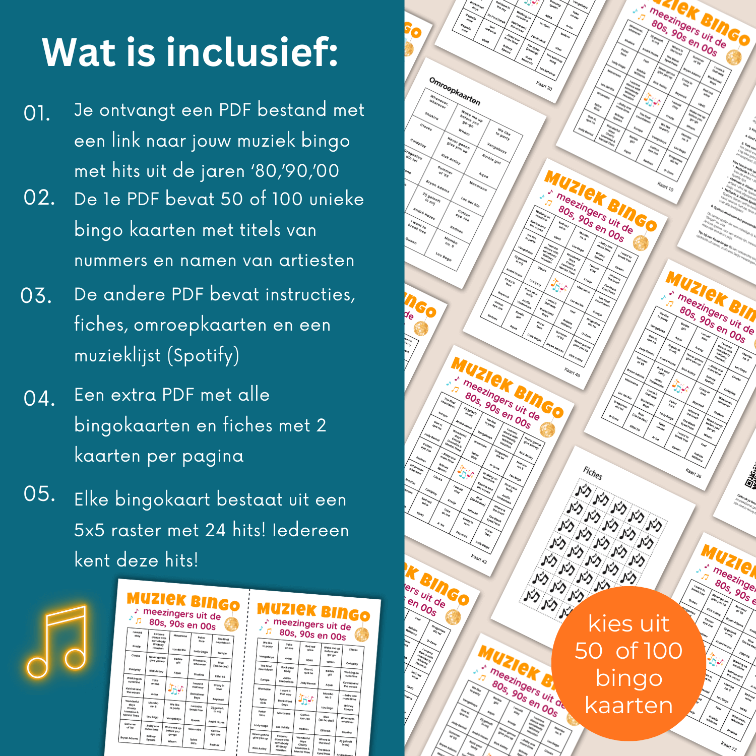 Muziekfeest bingo met feestmuziek (uit jaren 80,90,00) voor feestjes, evenementen of thuis met vrienden