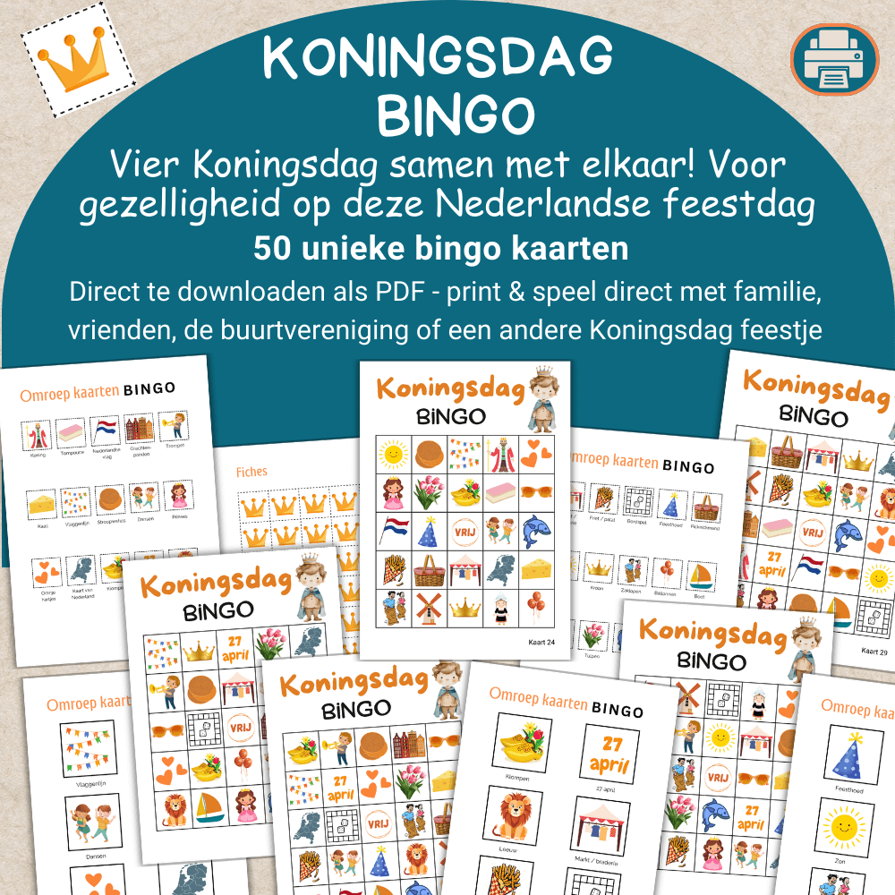 Uit te printen Koningsdag feest bingo: Perfect voor families, vrienden en verenigingen. 50 unieke kaarten