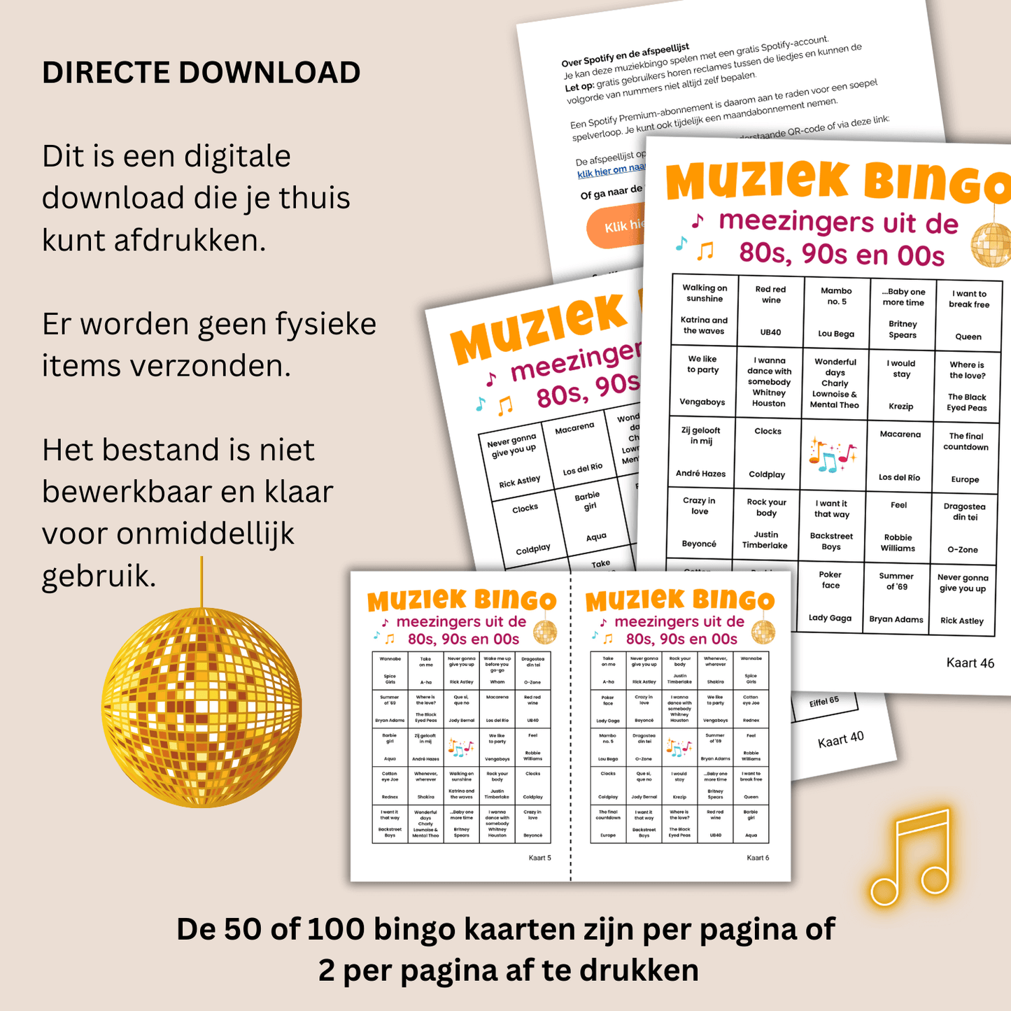 Muziekfeest bingo spel met hits uit de jaren ’80, ’90 en ’00. Direct te downloaden en te gebruiken voor elk feestje.