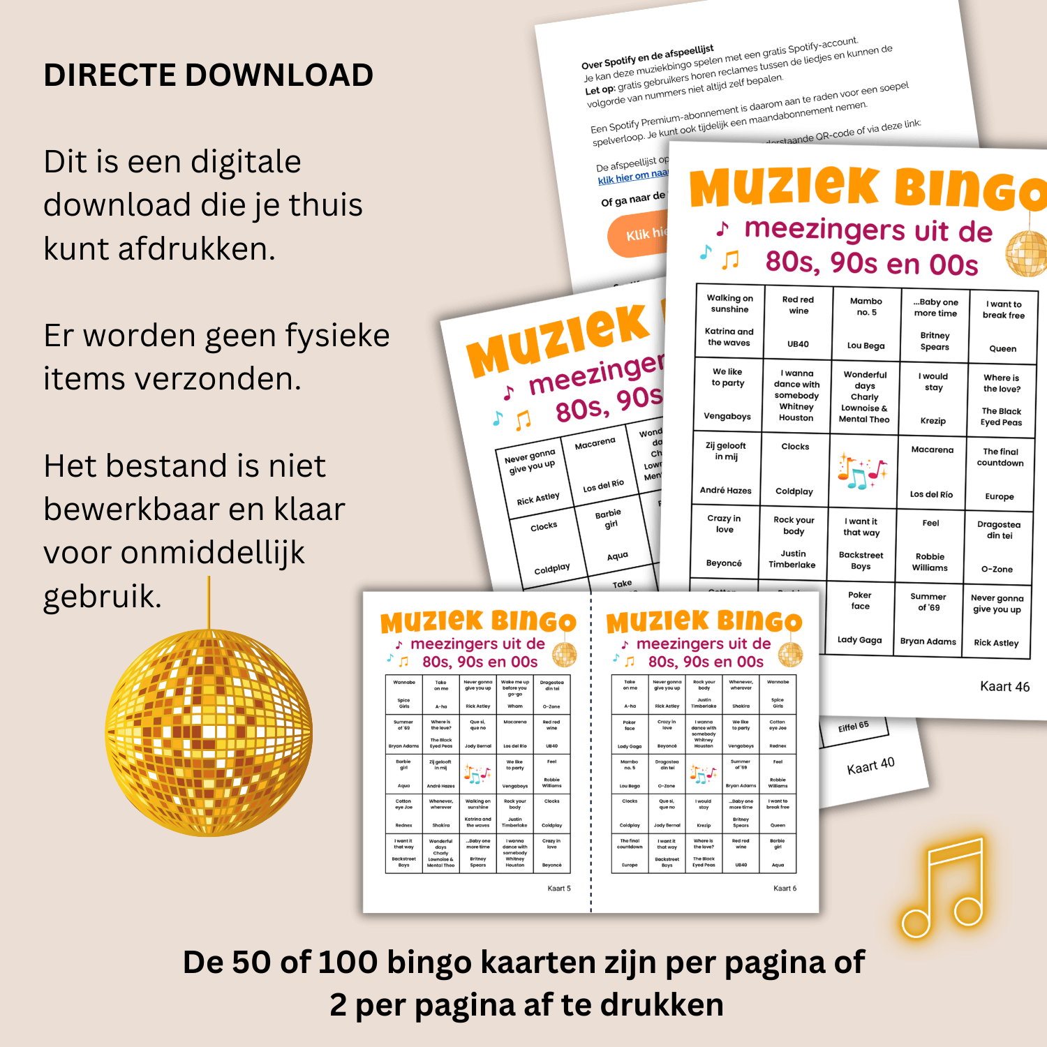 Muziekfeest bingo spel met hits uit de jaren ’80, ’90 en ’00. Direct te downloaden en te gebruiken voor elk feestje.