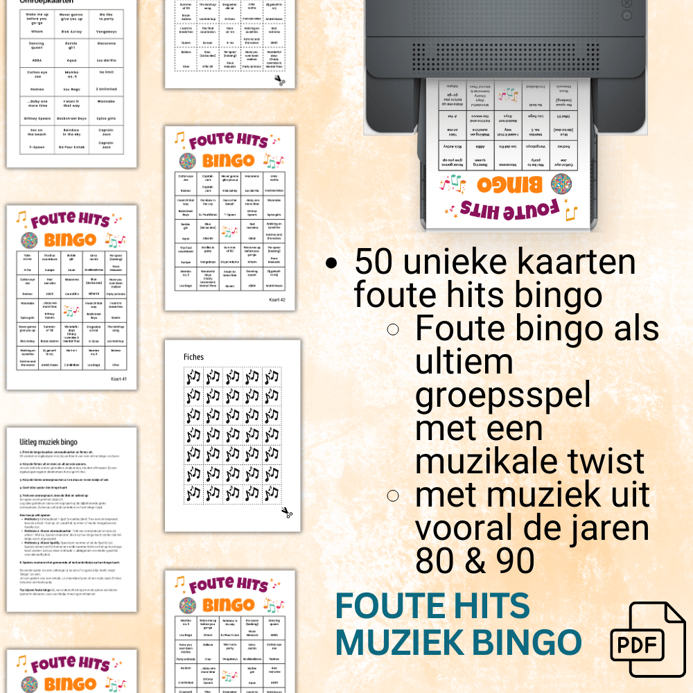 Uit te printen foute hits muziek bingo kaarten voor grotere gezelschappen tot 50 personen
